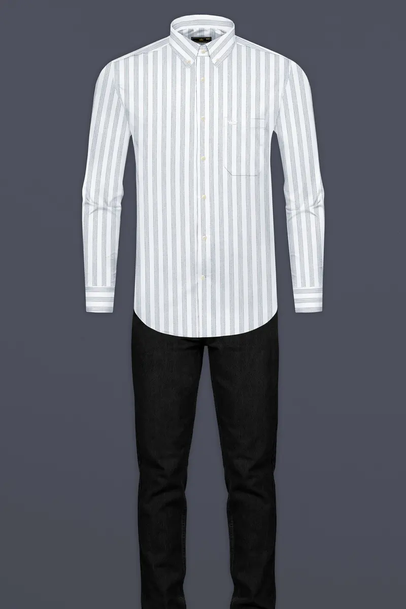Bright White Multicolour Striped Dobby Textured Premium Giza Cotton Shirt 6