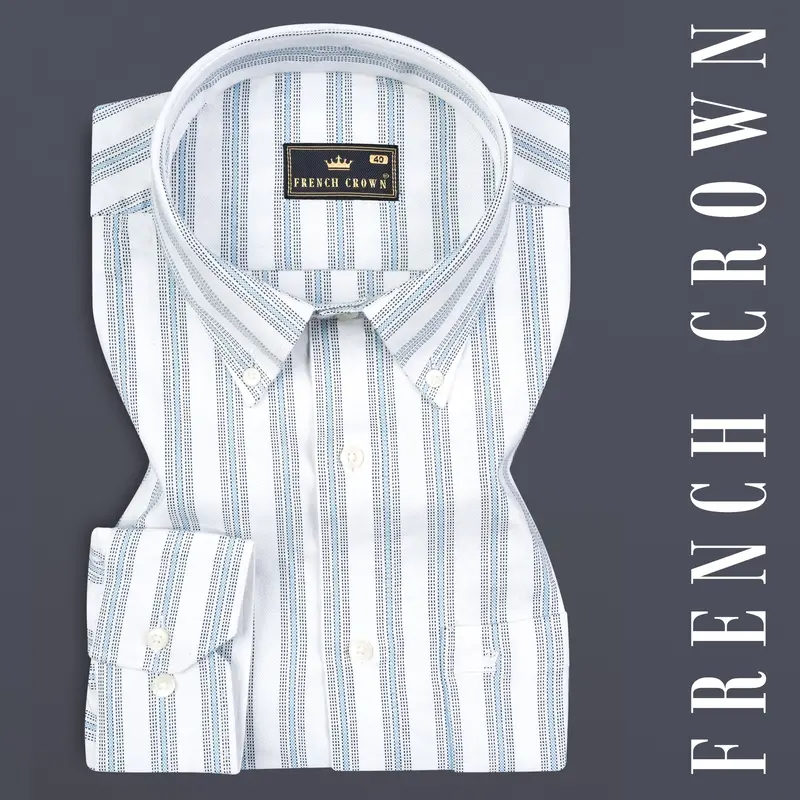 Bright White Multicolour Striped Dobby Textured Premium Giza Cotton Shirt 7