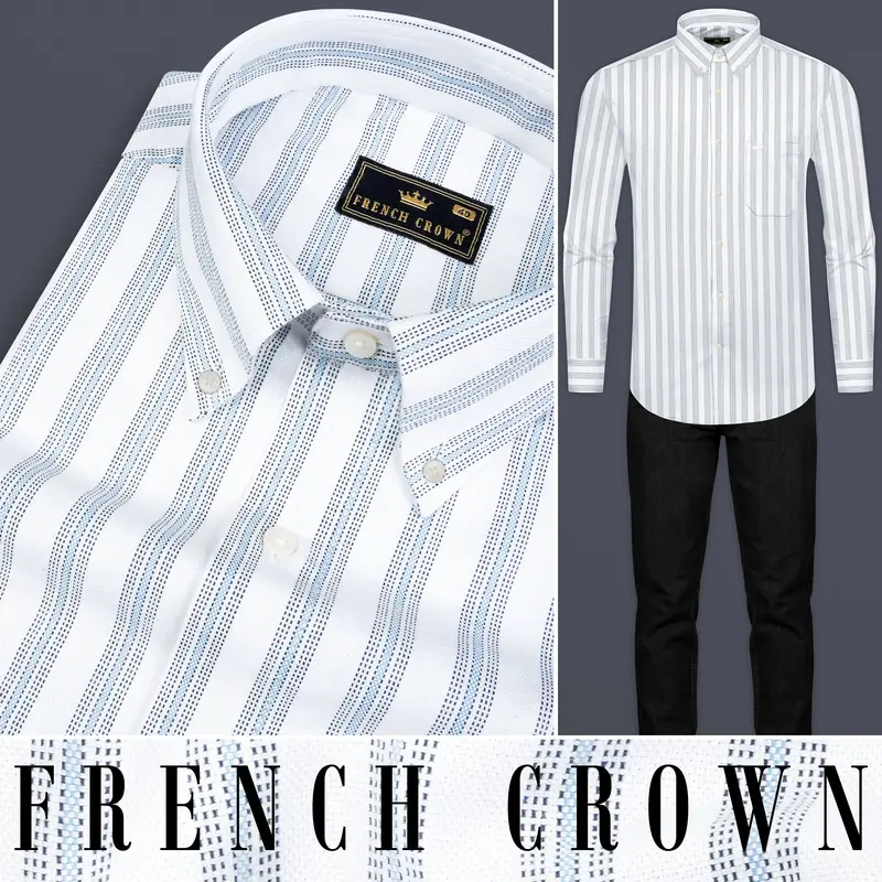 Bright White Multicolour Striped Dobby Textured Premium Giza Cotton Shirt 9