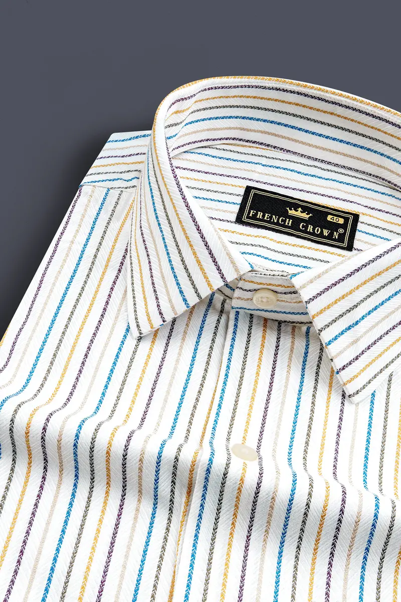 Bright White Multicolour Striped Herringbone Soft Cotton Shirt 1