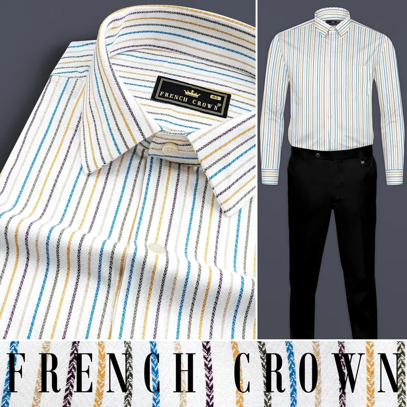Bright White Multicolour Striped Herringbone Soft Cotton Shirt 10