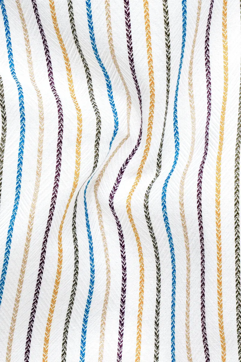 Bright White Multicolour Striped Herringbone Soft Cotton Shirt 2