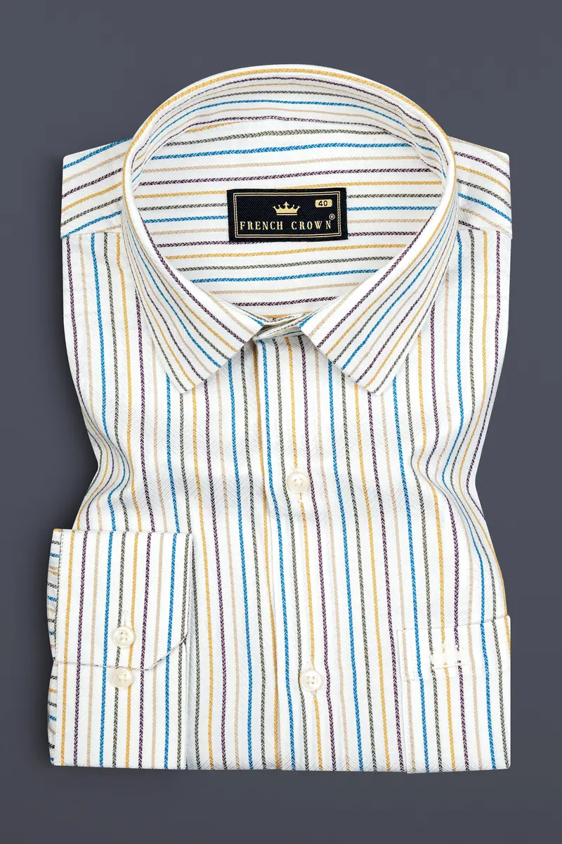 Bright White Multicolour Striped Herringbone Soft Cotton Shirt 3