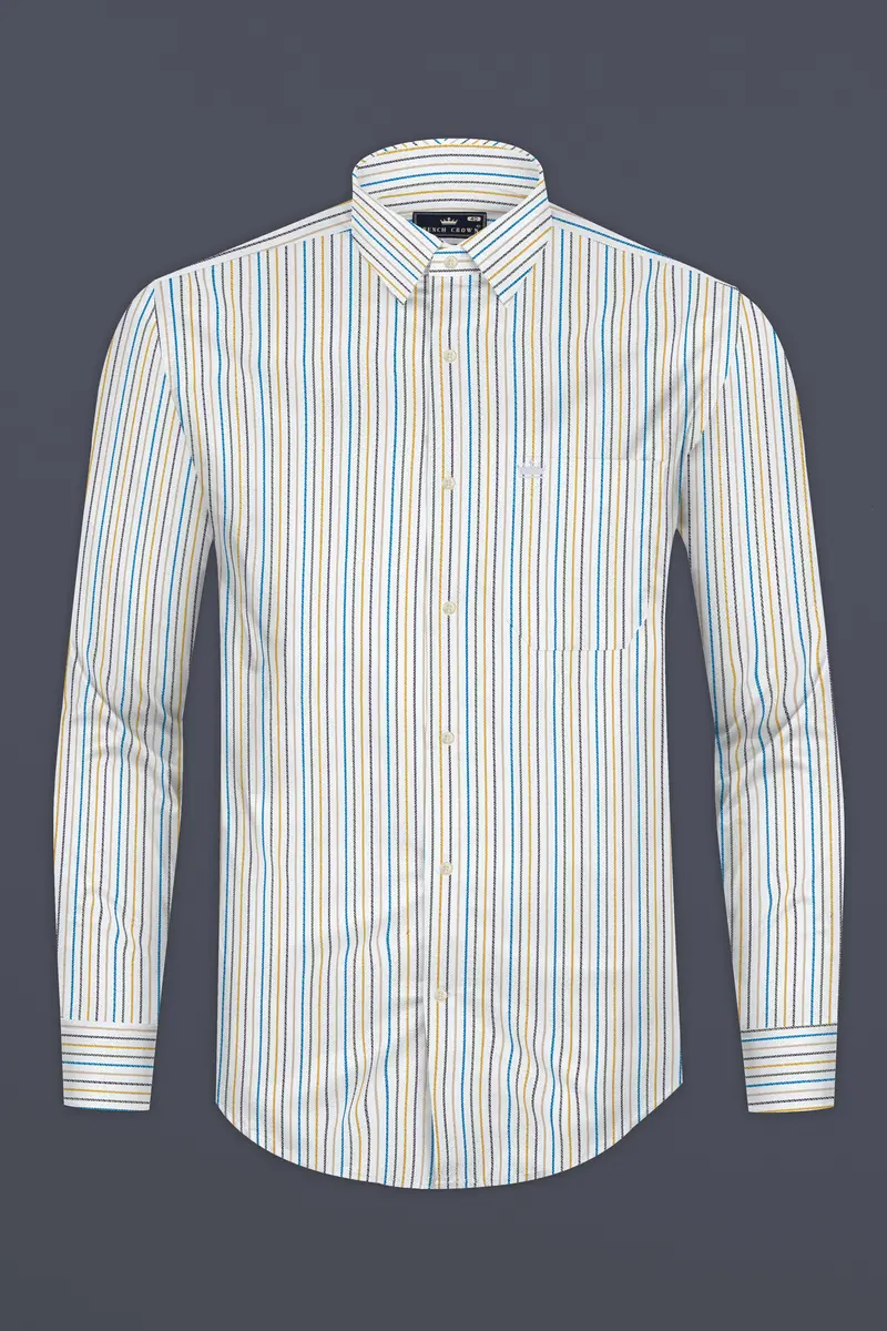 Bright White Multicolour Striped Herringbone Soft Cotton Shirt 4