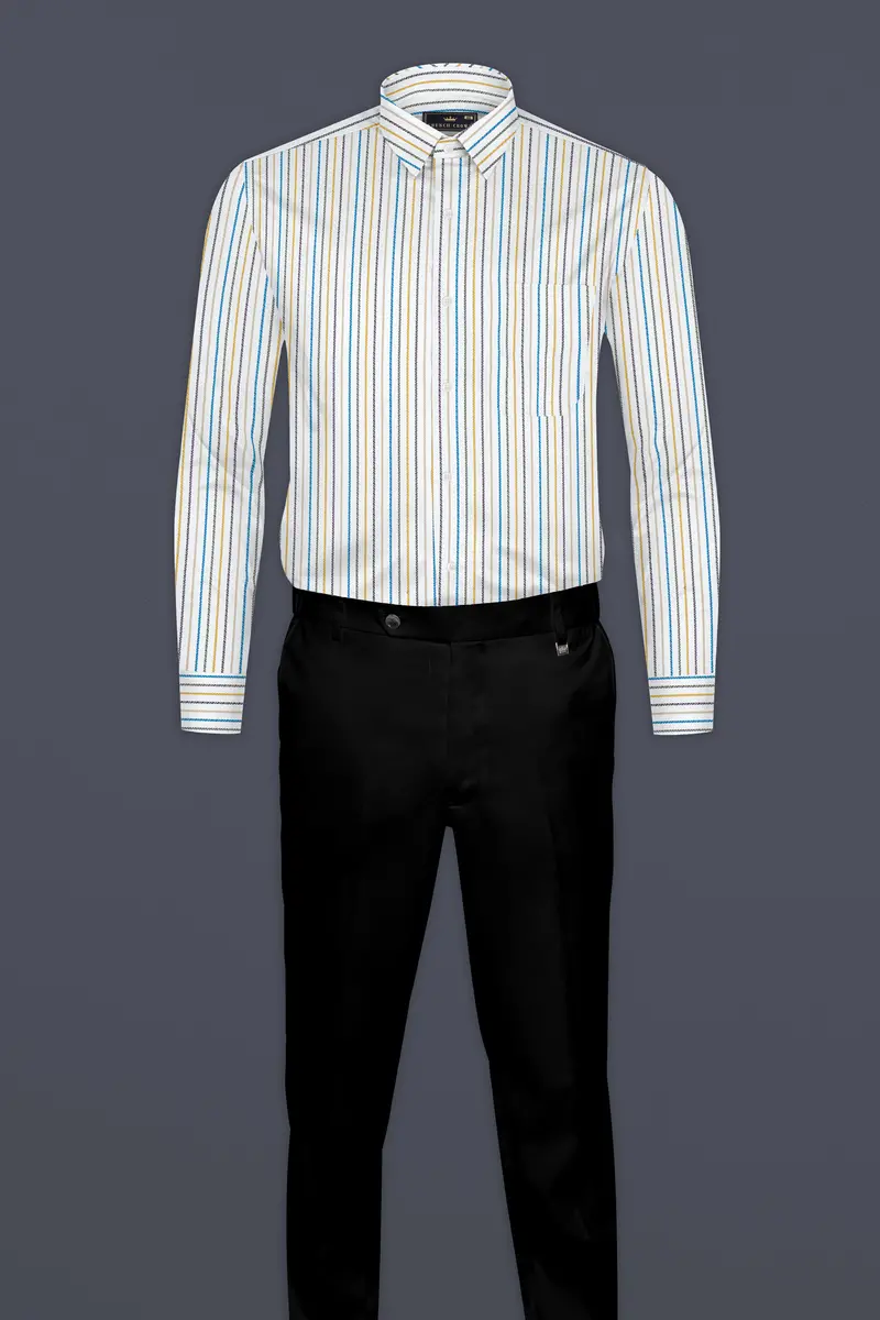 Bright White Multicolour Striped Herringbone Soft Cotton Shirt 6