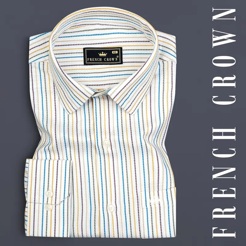 Bright White Multicolour Striped Herringbone Soft Cotton Shirt 7