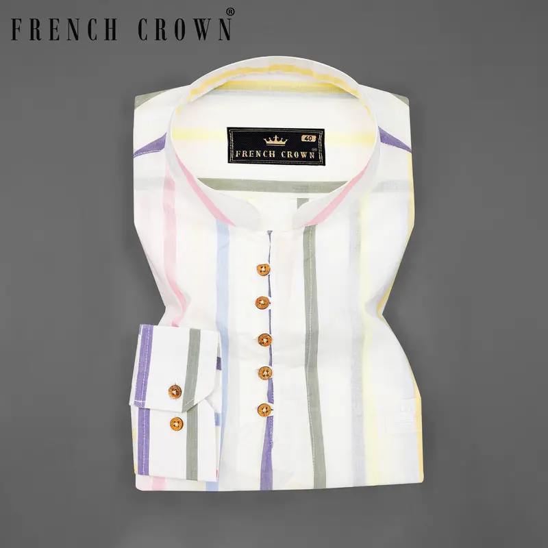 Bright White Multicolour Striped Premium Cotton Kurta Shirt 1