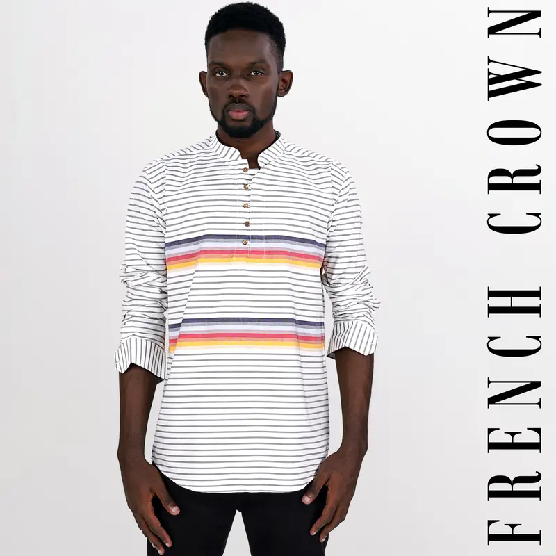 Bright White Multicolour Striped Premium Cotton Kurta Shirt 1