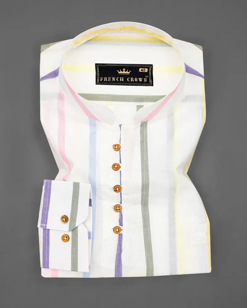 Bright White Multicolour Striped Premium Cotton Kurta Shirt 2