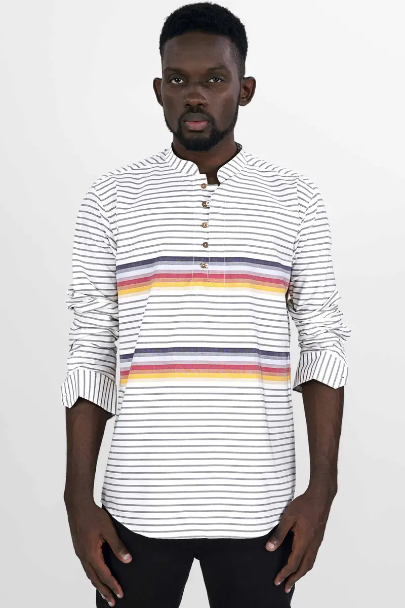 Bright White Multicolour Striped Premium Cotton Kurta Shirt 2