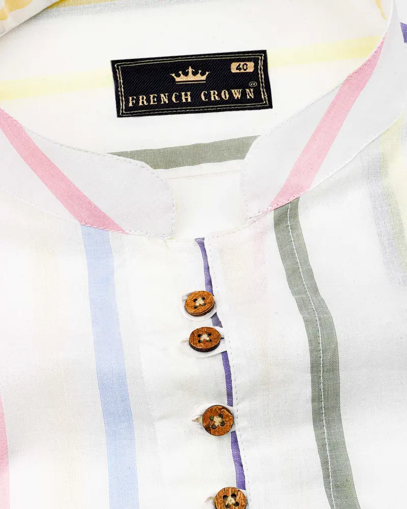 Bright White Multicolour Striped Premium Cotton Kurta Shirt 4
