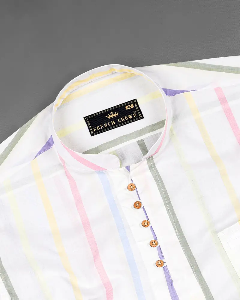 Bright White Multicolour Striped Premium Cotton Kurta Shirt 5