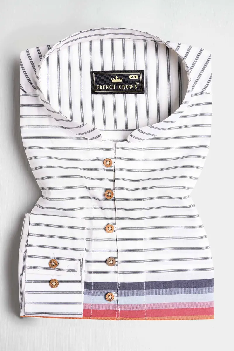 Bright White Multicolour Striped Premium Cotton Kurta Shirt 5