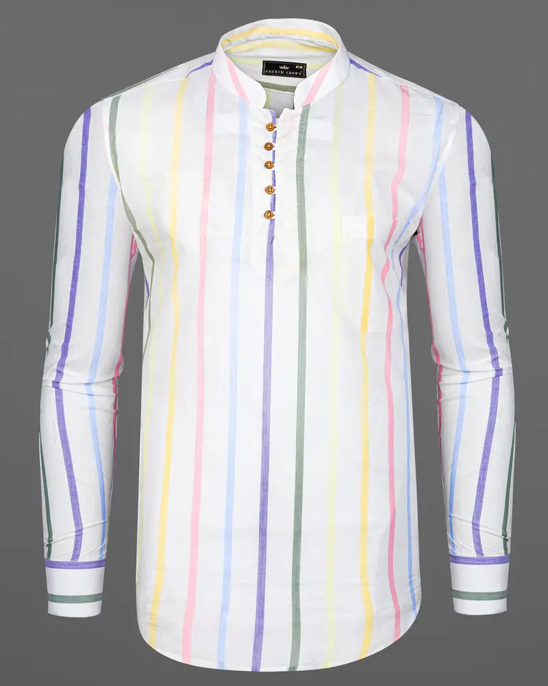Bright White Multicolour Striped Premium Cotton Kurta Shirt 6