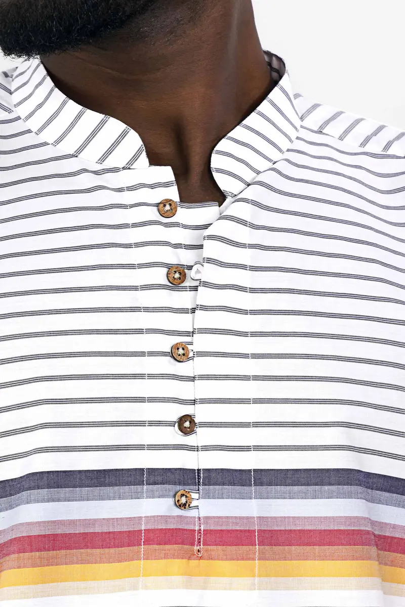 Bright White Multicolour Striped Premium Cotton Kurta Shirt 6