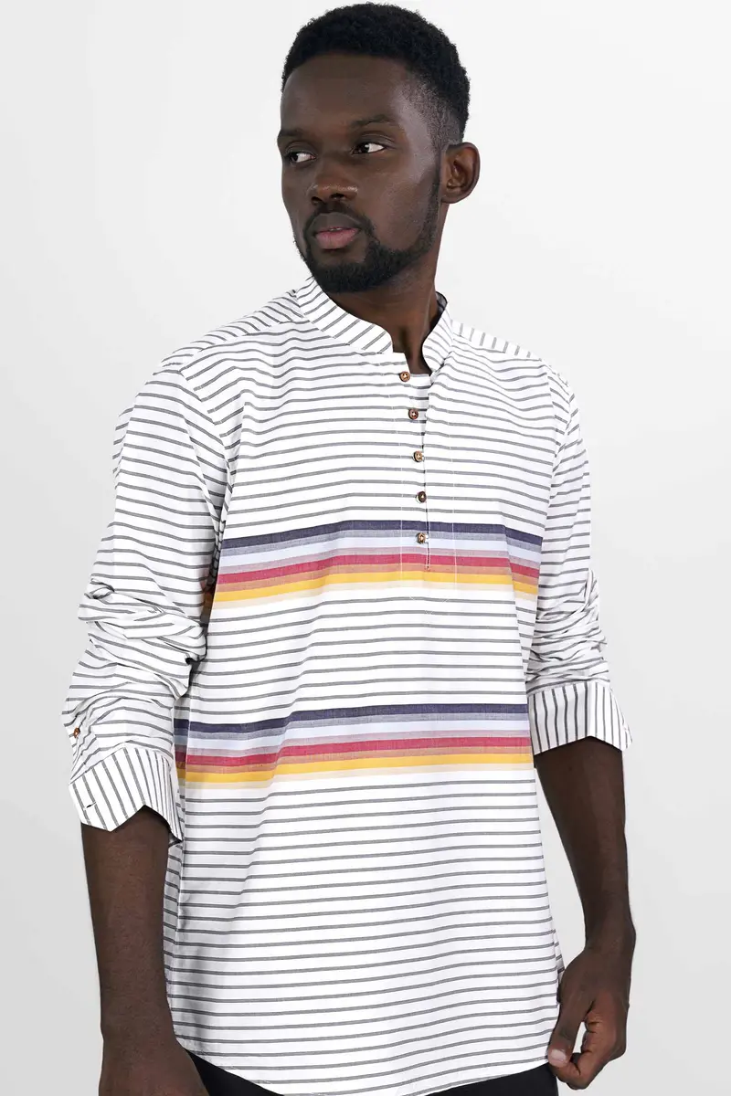 Bright White Multicolour Striped Premium Cotton Kurta Shirt 7