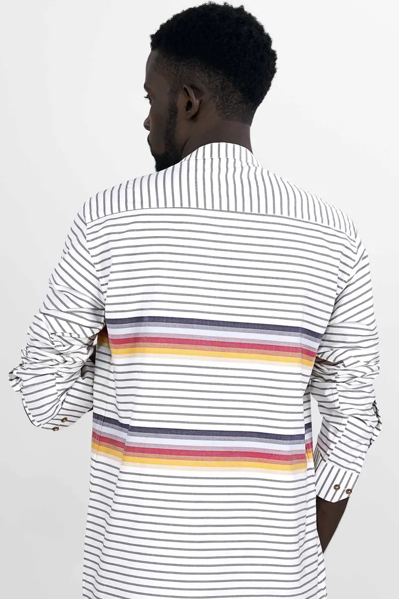 Bright White Multicolour Striped Premium Cotton Kurta Shirt 8