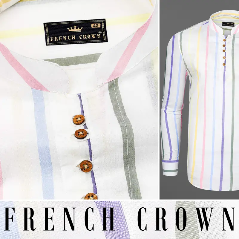 Bright White Multicolour Striped Premium Cotton Kurta Shirt 9