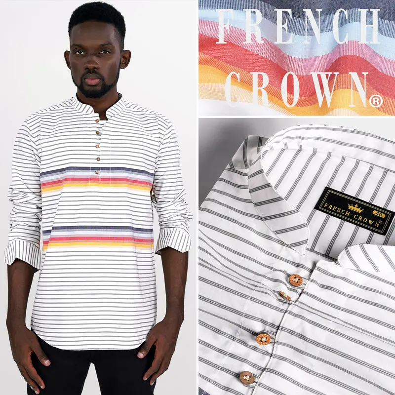 Bright White Multicolour Striped Premium Cotton Kurta Shirt 9