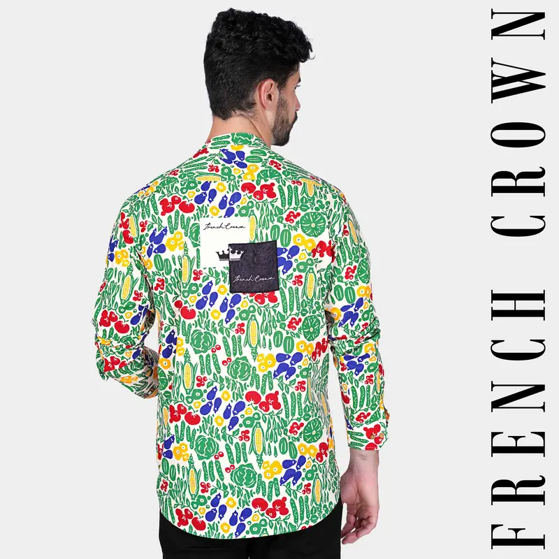 Bright White Multicolour Vegetables Printed With French Crown Embroidered Premium Cotton Designer Kurta Shirt 1
