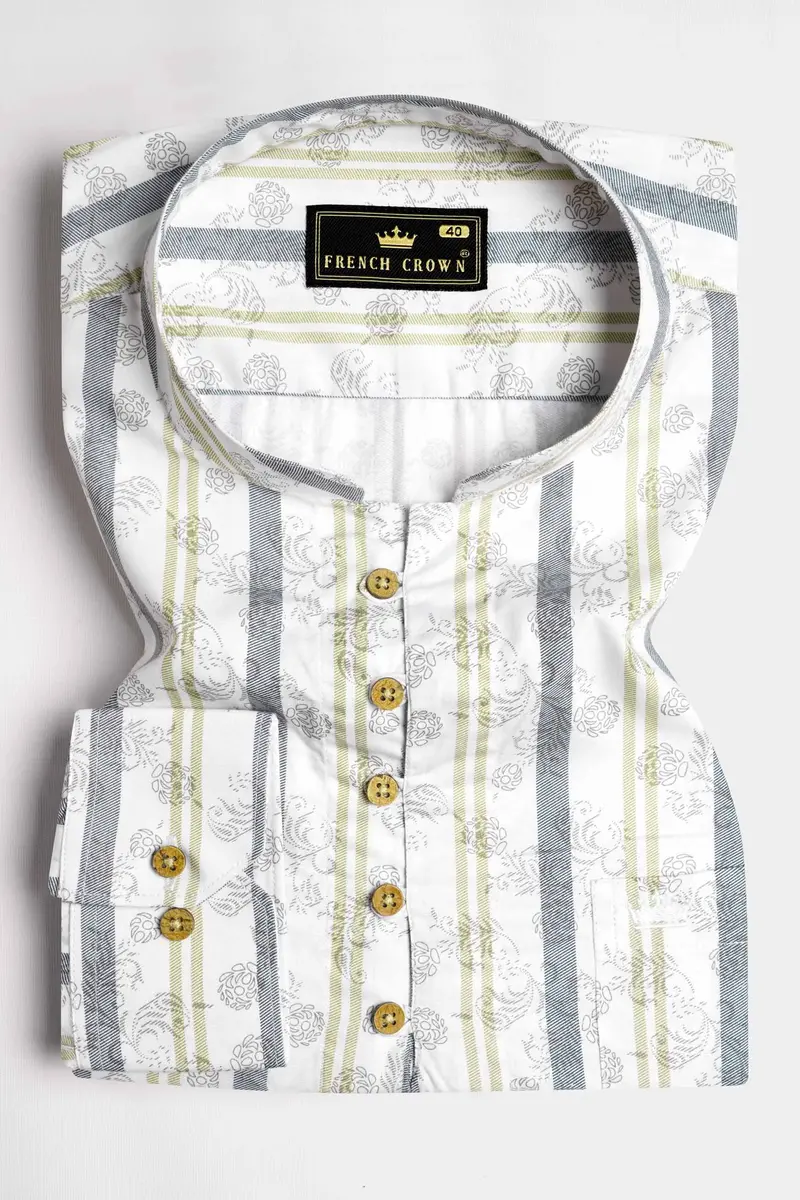 Bright White Multicoloured Striped Super Soft Premium Cotton Kurta Shirt 2