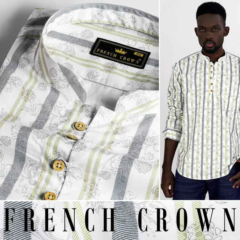Bright White Multicoloured Striped Super Soft Premium Cotton Kurta Shirt 5