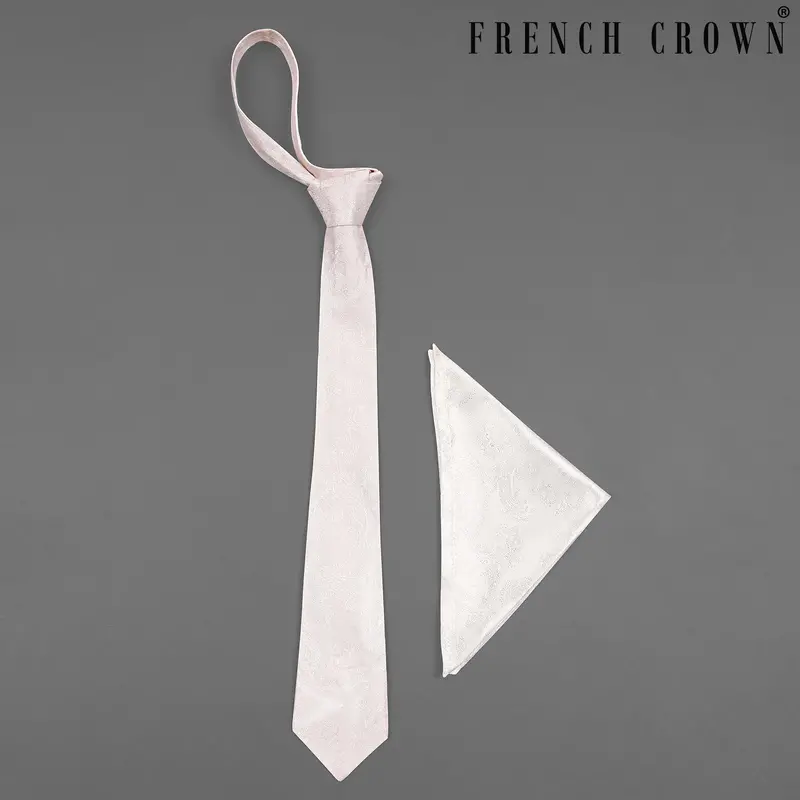 Bright White Paisley Jacquard Tie With Pocket Square 1
