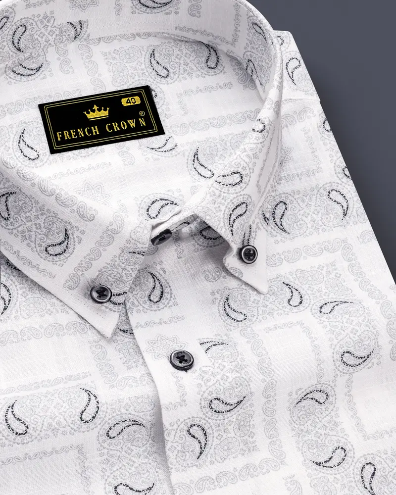 Bright White Paisley Printed Luxurious Linen Shirt 1