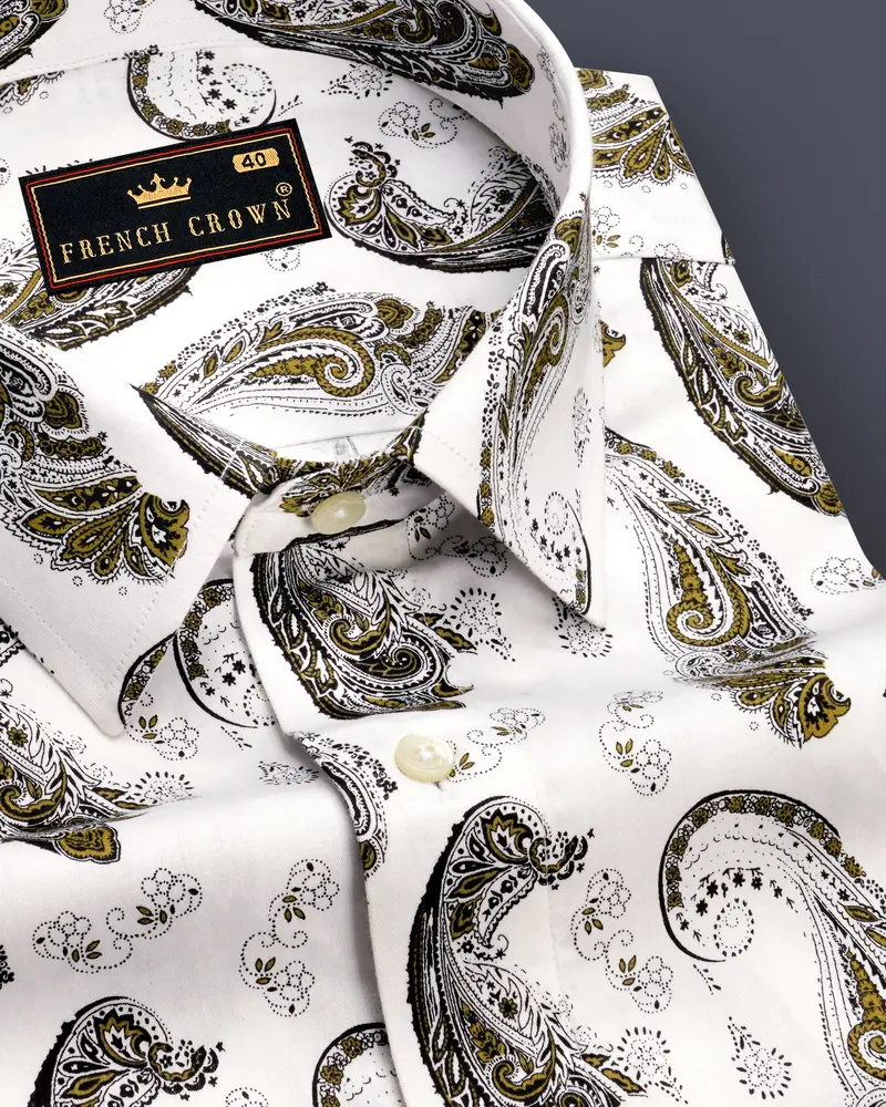 Bright White Paisley Printed Super Soft Premium Cotton Shirt 1