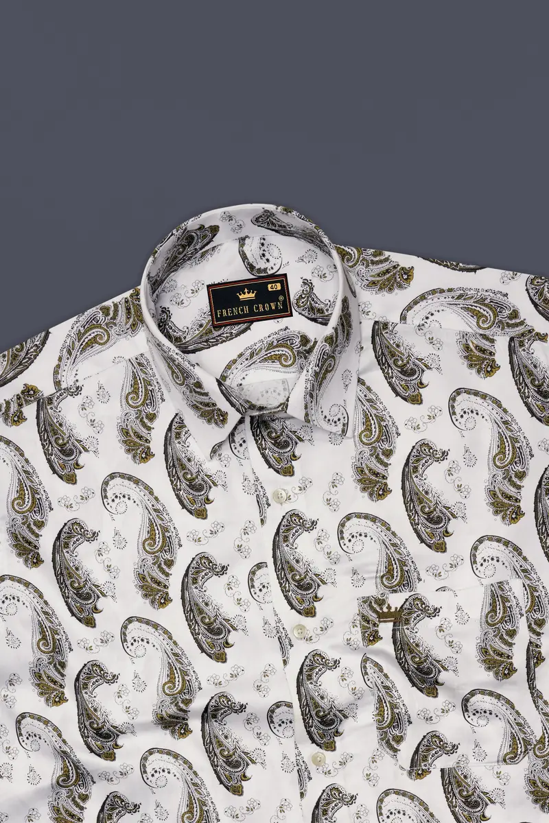 Bright White Paisley Printed Super Soft Premium Cotton Shirt 5