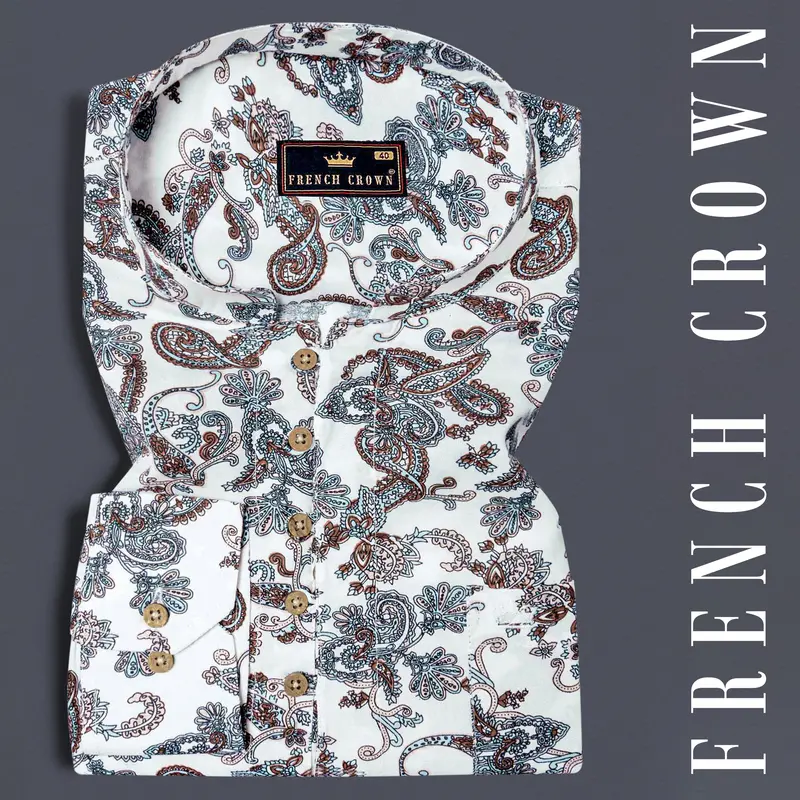 Bright White Paisleys Printed Premium Tencel Shirt 1