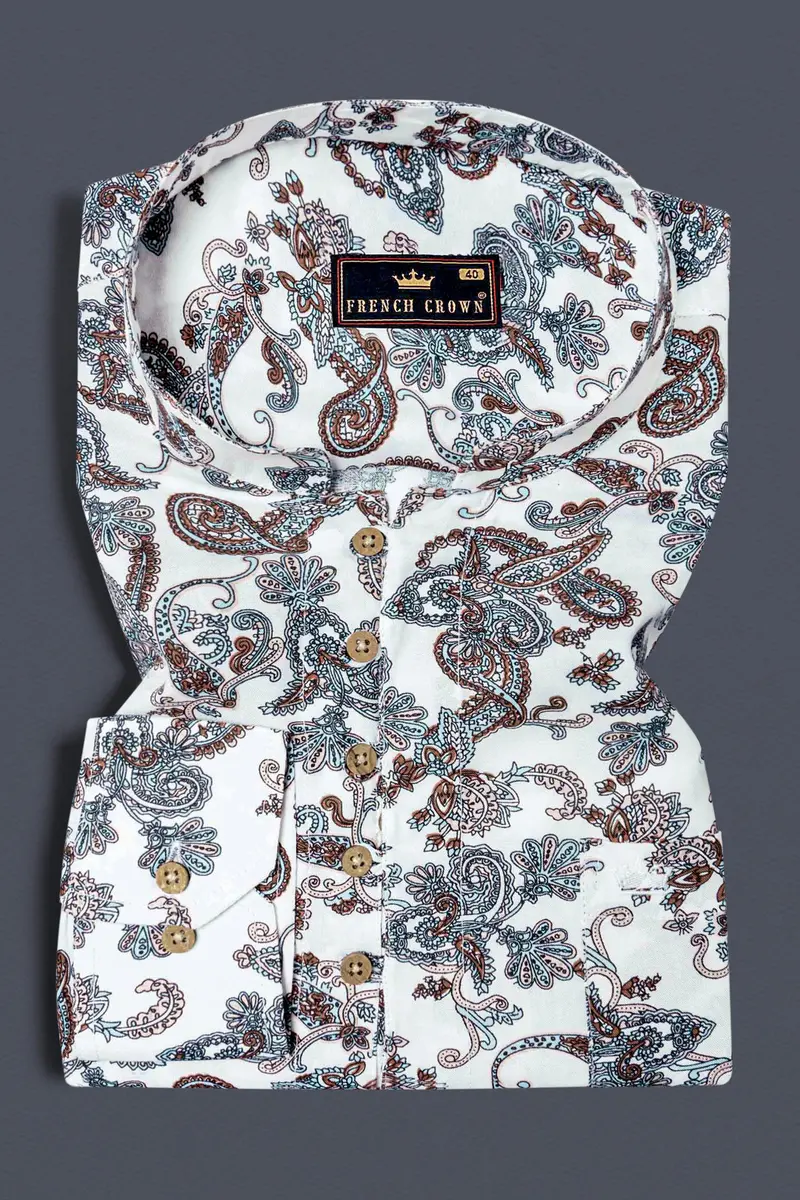 Bright White Paisleys Printed Premium Tencel Shirt 2