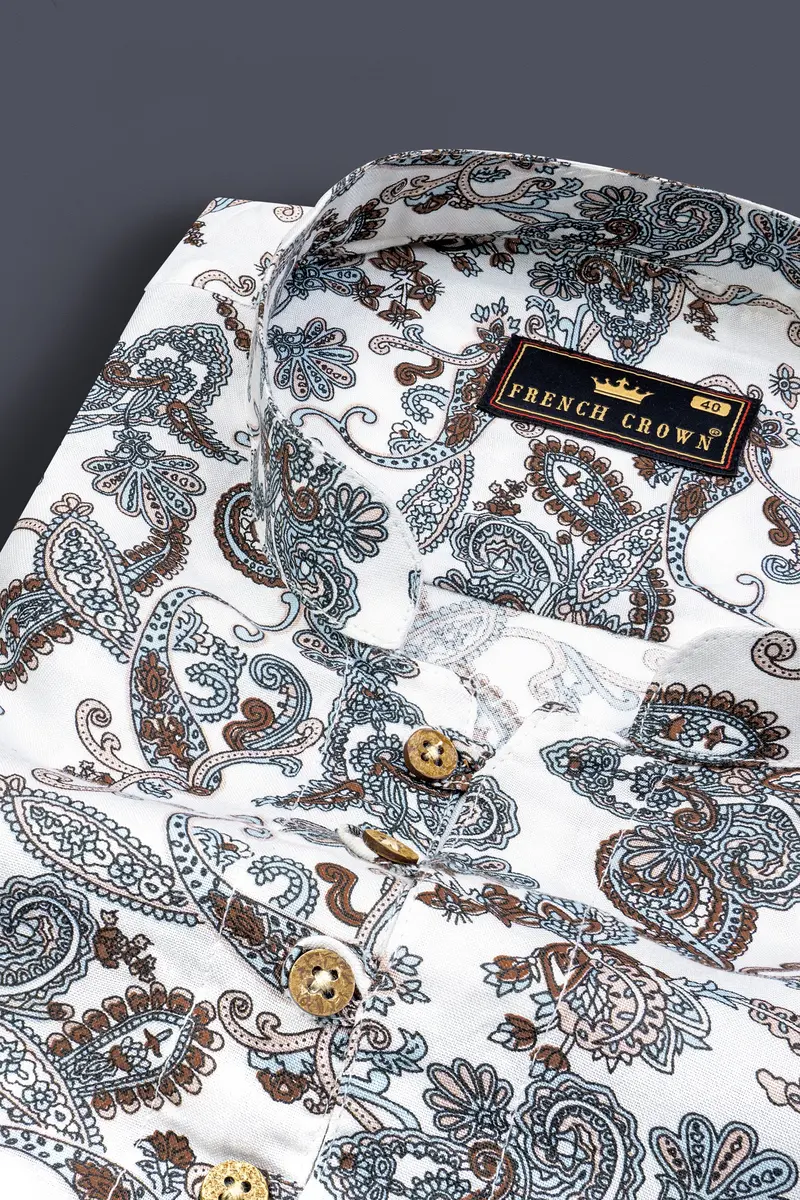 Bright White Paisleys Printed Premium Tencel Shirt 4