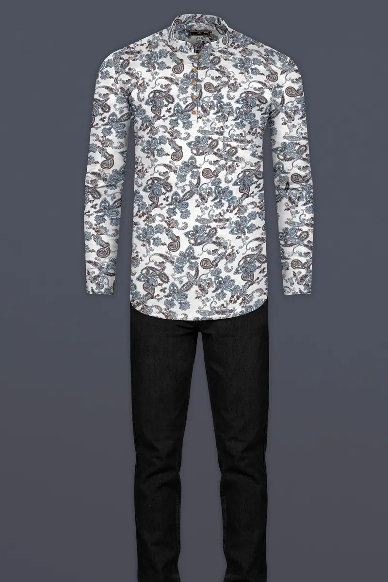 Bright White Paisleys Printed Premium Tencel Shirt 7