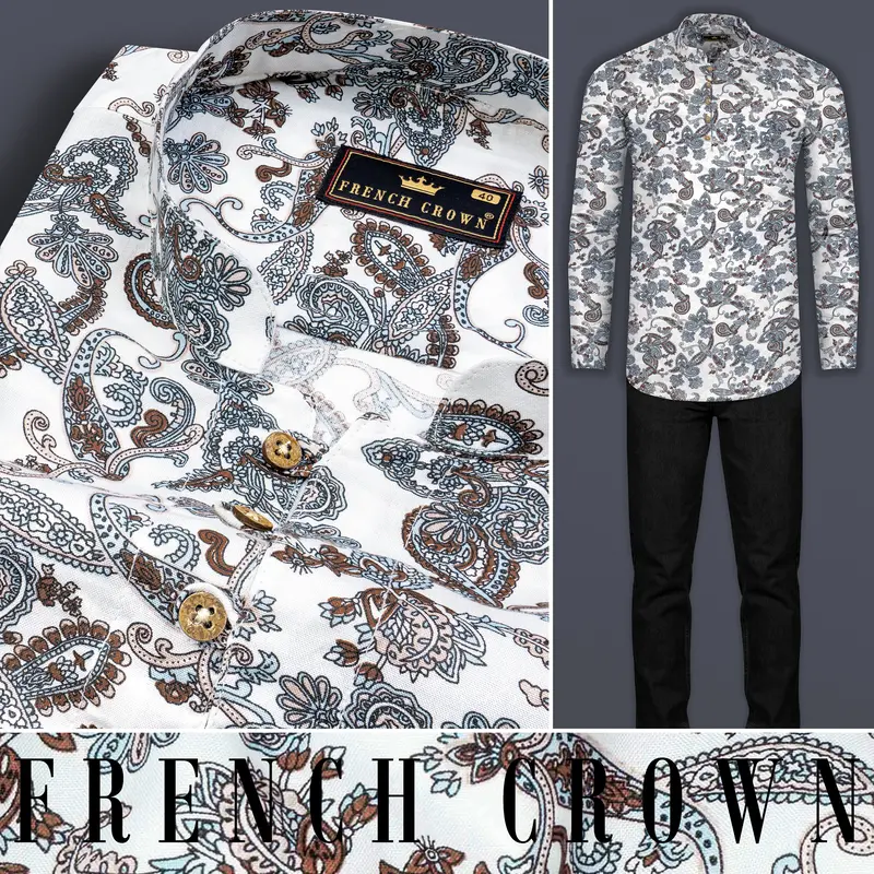 Bright White Paisleys Printed Premium Tencel Shirt 8