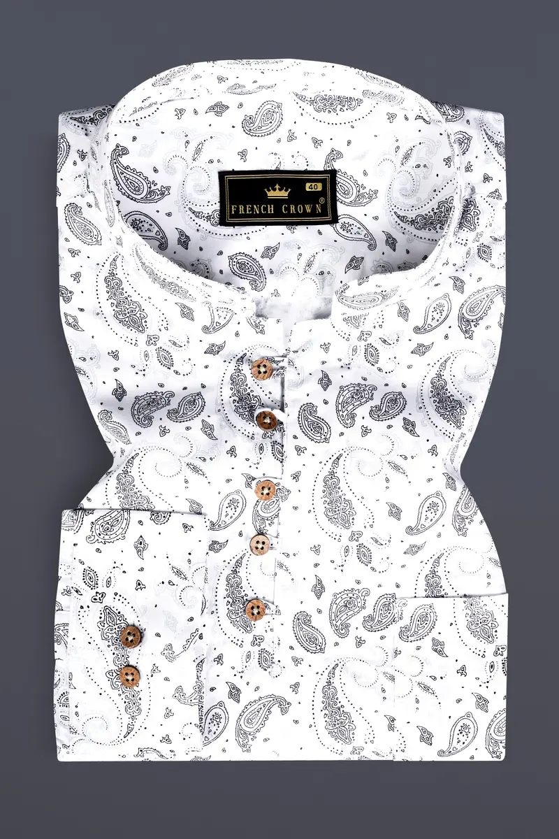 Bright White Paisleys Printed Subtle Sheen Super Soft Premium Cotton Kurta Shirt 2