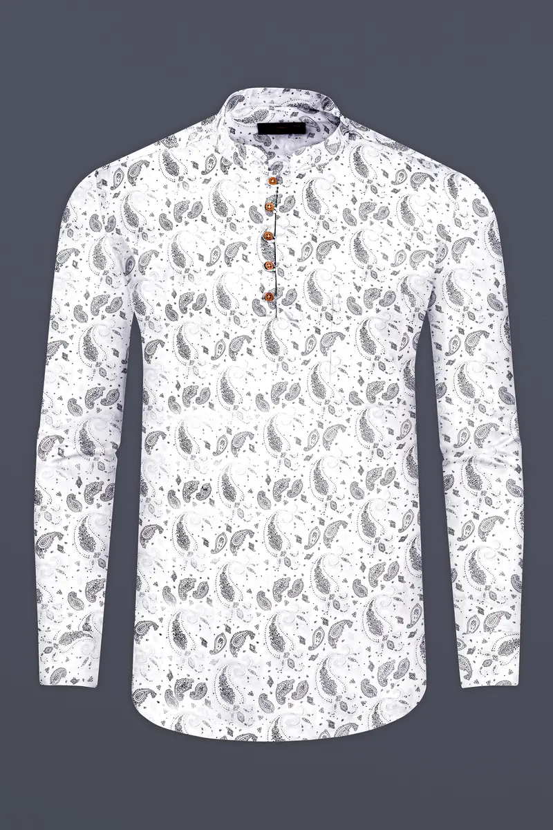 Bright White Paisleys Printed Subtle Sheen Super Soft Premium Cotton Kurta Shirt 5
