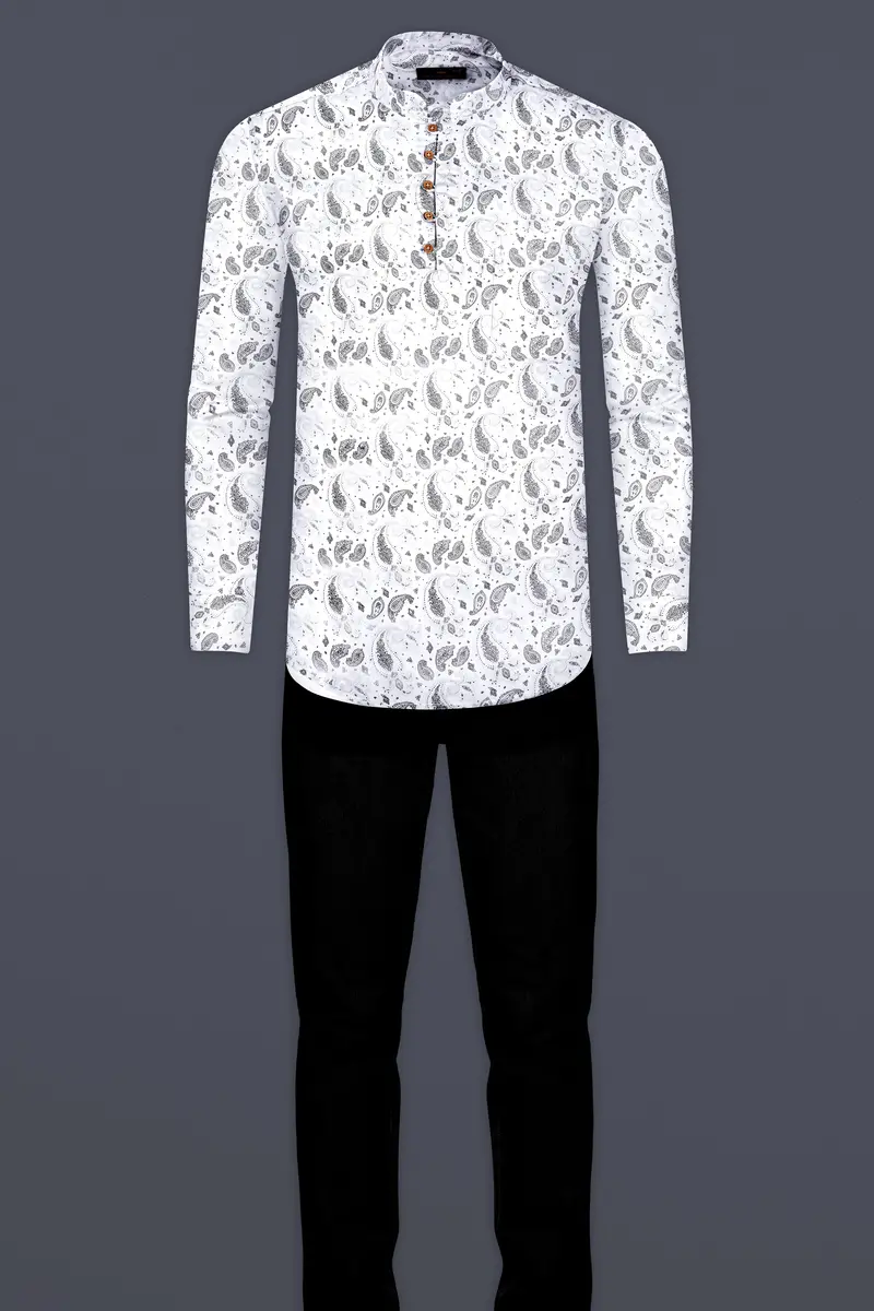 Bright White Paisleys Printed Subtle Sheen Super Soft Premium Cotton Kurta Shirt 7