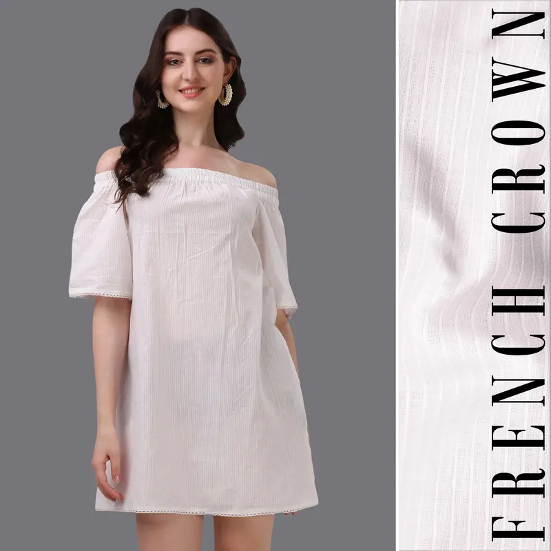 Bright White Pinstriped Super Soft Premium Cotton Off-Shoulder Dress 1