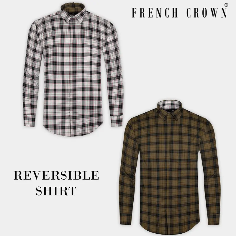 Bright White Plaid And Korma Brown Plaid Royal Oxford Reversible Shirt 1