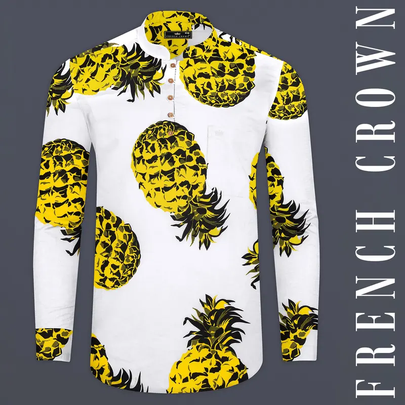Bright White Premium Cotton Kurta Shirt With Pineapple Prints 1