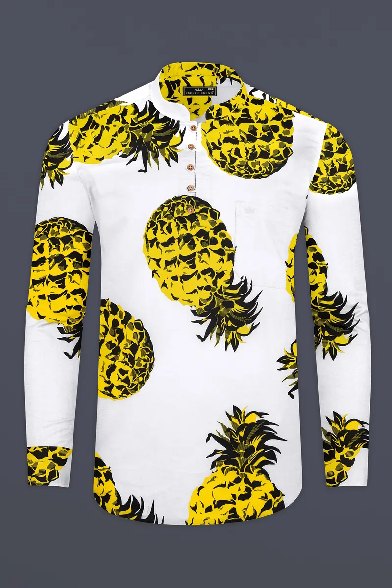 Bright White Premium Cotton Kurta Shirt With Pineapple Prints 2
