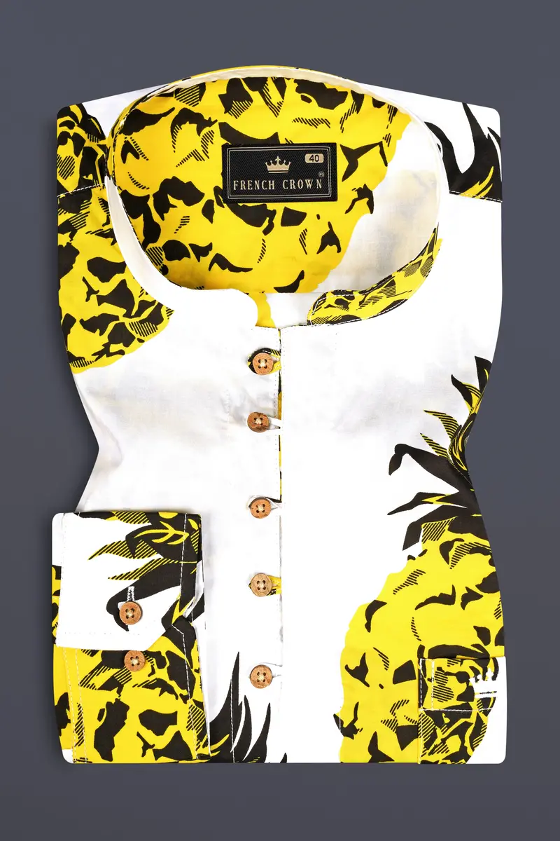 Bright White Premium Cotton Kurta Shirt With Pineapple Prints 5
