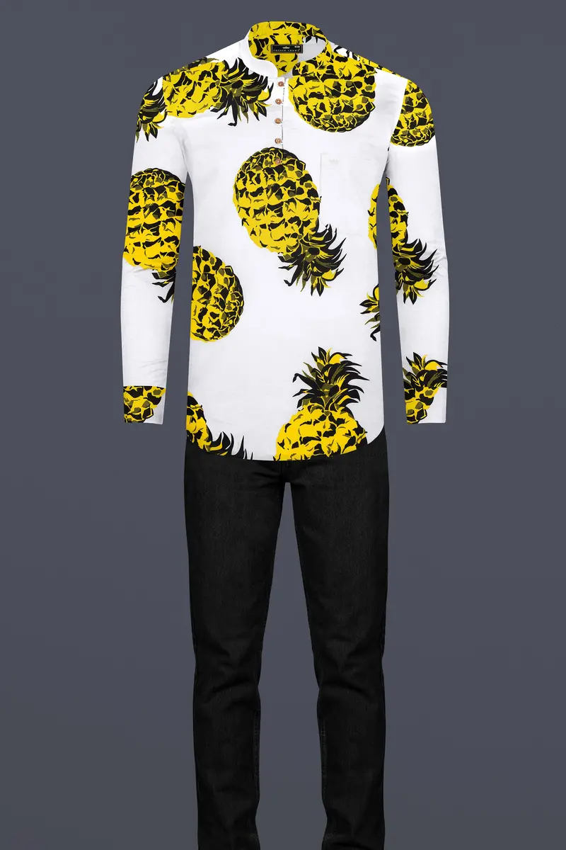 Bright White Premium Cotton Kurta Shirt With Pineapple Prints 8