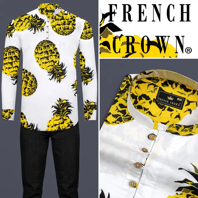 Bright White Premium Cotton Kurta Shirt With Pineapple Prints 9