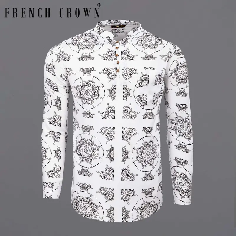 Bright White Printed Premium Cotton Kurta Shirt 1