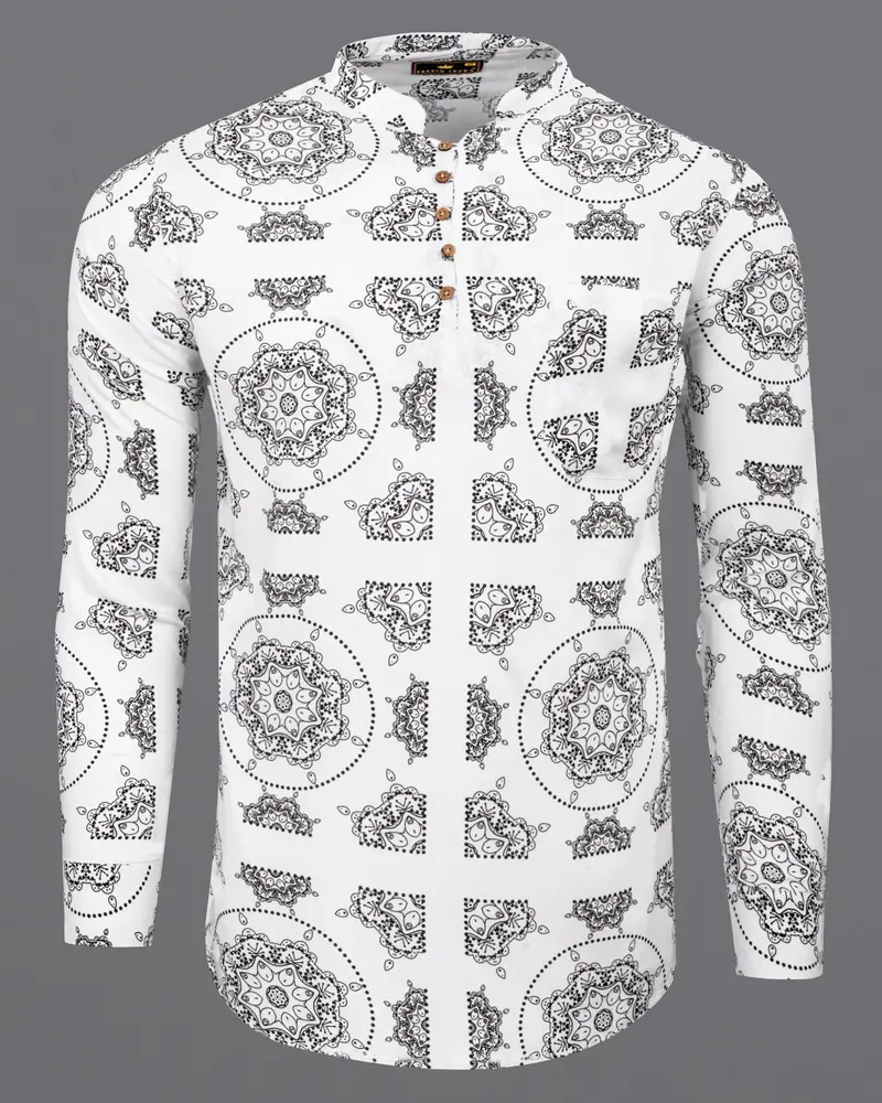 Bright White Printed Premium Cotton Kurta Shirt 2