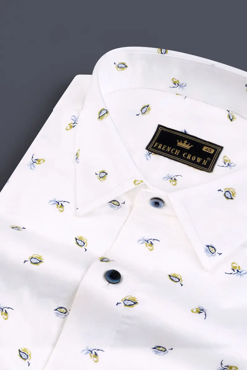 Bright White Printed Super Soft Leaves Printed Premium Cotton Shirt 1