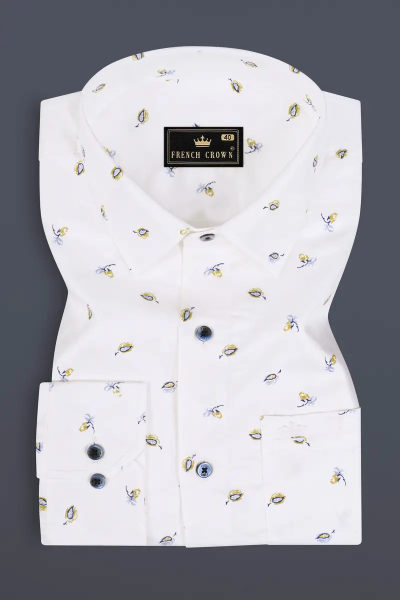 Bright White Printed Super Soft Leaves Printed Premium Cotton Shirt 3