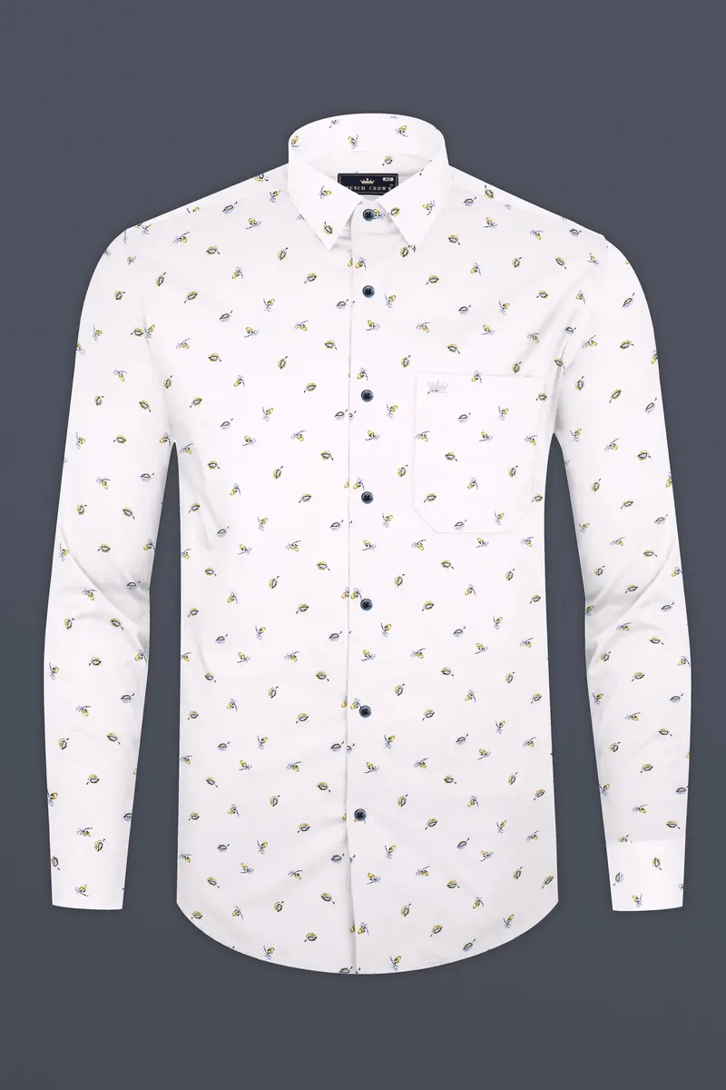 Bright White Printed Super Soft Leaves Printed Premium Cotton Shirt 4